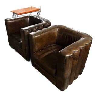 Vintage Fluted Back Art Deco Style Brown Leather Armchairs - A Pair For Sale