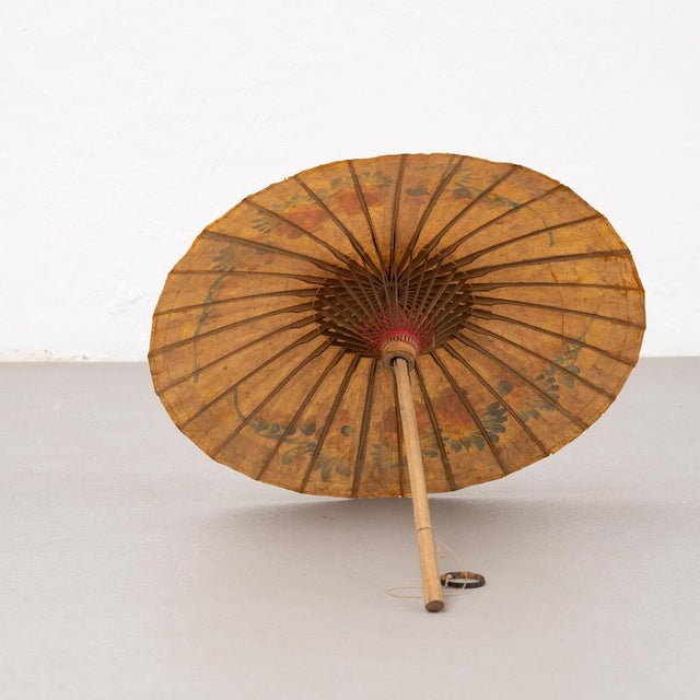 Wood Hand Painted Bamboo Umbrella, 1950s For Sale - Image 7 of 18