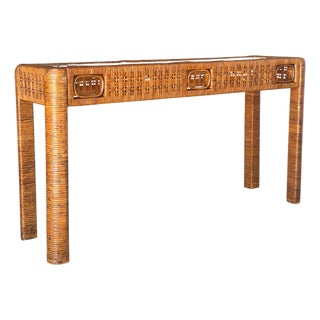 Vintage Boho Rattan Wrapped Console With Woven Apron & Glass Top For Sale