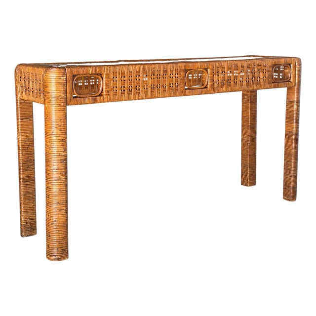 Vintage Boho Rattan Wrapped Console With Woven Apron & Glass Top For Sale
