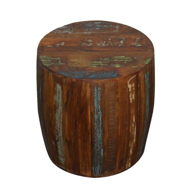 Rustic Reclaimed Wood Drum Barrel Style Side Table Chairish