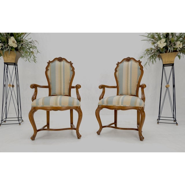 Mid 20th Century Pair Carved Striped Upholstery Tall Backs Carved Walnut Scallop Design Decorated For Sale - Image 5 of 17