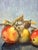 Original colorful oil painting of four apples by noted New England artist Virginia Bilodeau. Signed lower left and...