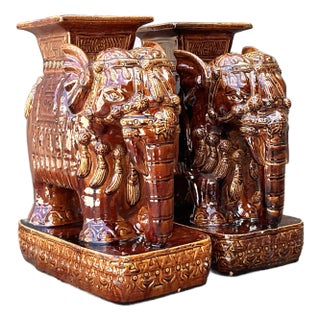Vintage Glazed Ceramic Elephant Low Stools - A Pair For Sale
