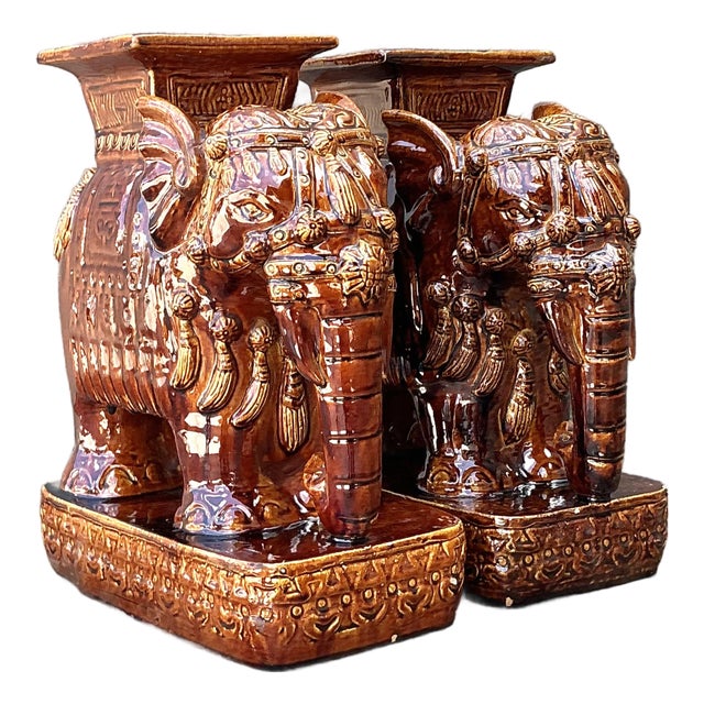 Vintage Glazed Ceramic Elephant Low Stools - A Pair For Sale