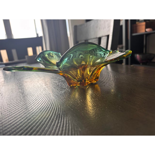 Abstract Vintage Murano Blown Glass - Green and Yellow Leaf Bowl For Sale - Image 3 of 9