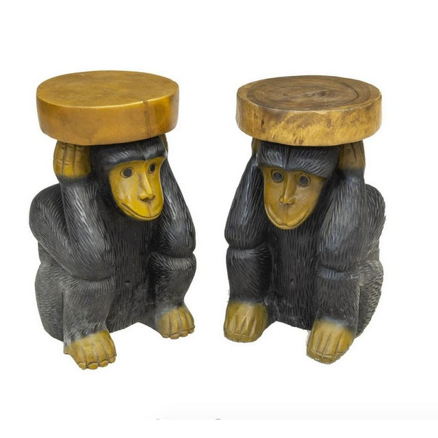 Vintage Folk Art Hand Carved Wooden Figurative Monkey Side Table, Stand or Stool a Pair Chairish