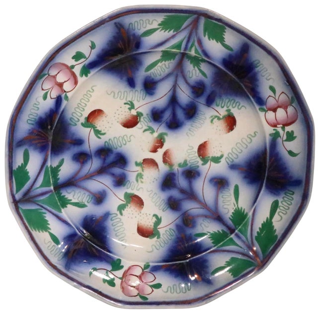Antique Gaudy Welsh Blue Strawberry Ironstone Plate C. 1850's For Sale In New York - Image 6 of 9