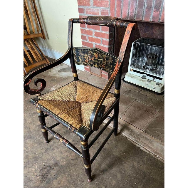 19th Century Antique American Sheraton Style Hand-Painted Rush Seat Armchair For Sale - Image 4 of 11