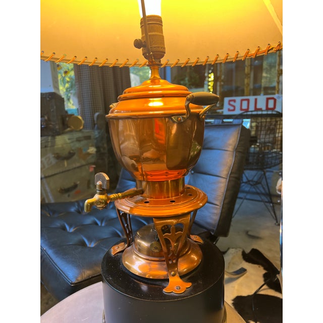 Up for consideration is a beautiful vintage large copper lamp on base with hot water kettle design and detailed stitched...
