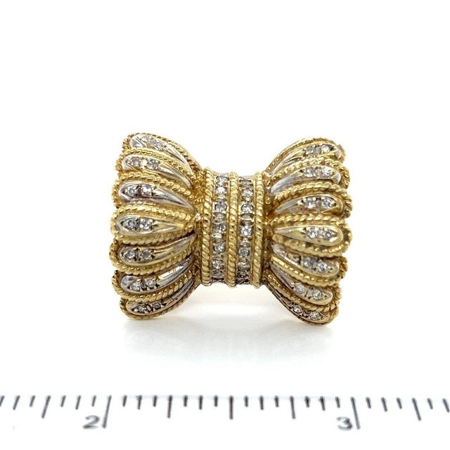 Mid 20th Century Mid 20th Century Diamond Fancy Frilled 14k Two Tone Gold Bow Ring Size 8 For Sale - Image 5 of 9