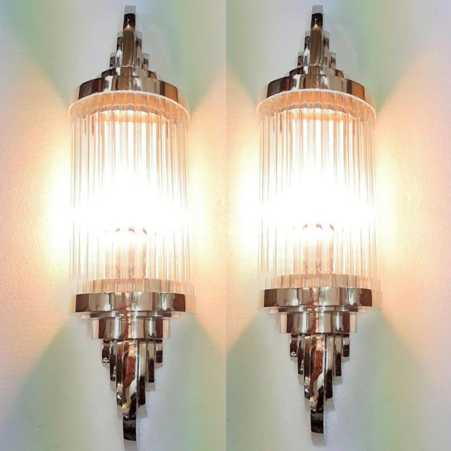 Vintage Art Deco Skyscraper Wall Sconces Fixture in Nickel Brass & Glass - a Pair For Sale - Image 4 of 6