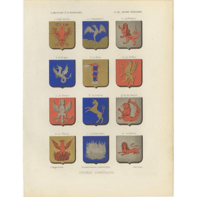 Ferdinand Séré, Chimerical Beasts in Heraldry, Dragons and Griffins, 1851, Chromolithograph For Sale - Image 3 of 9
