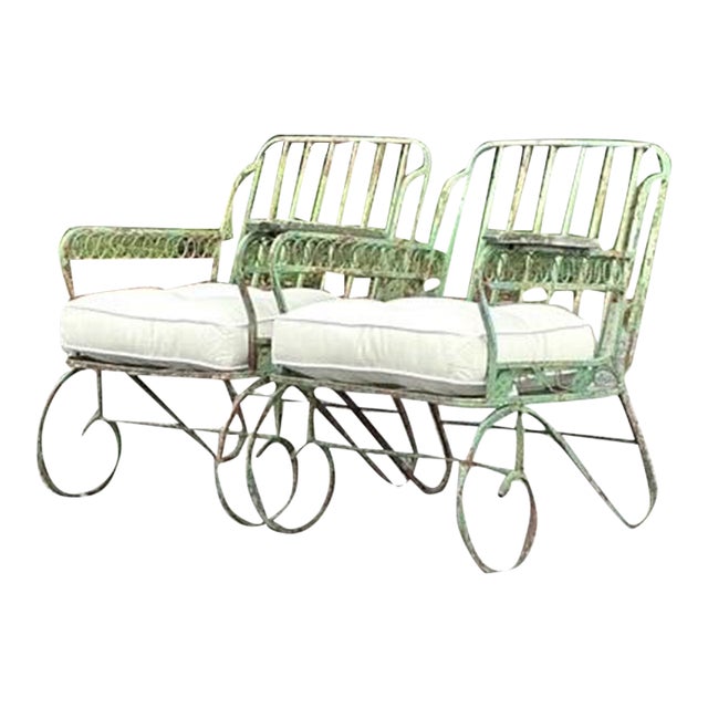 Vintage Regency Patinated Wrought Iron Trellis Lounge Chairs - A Pair For Sale