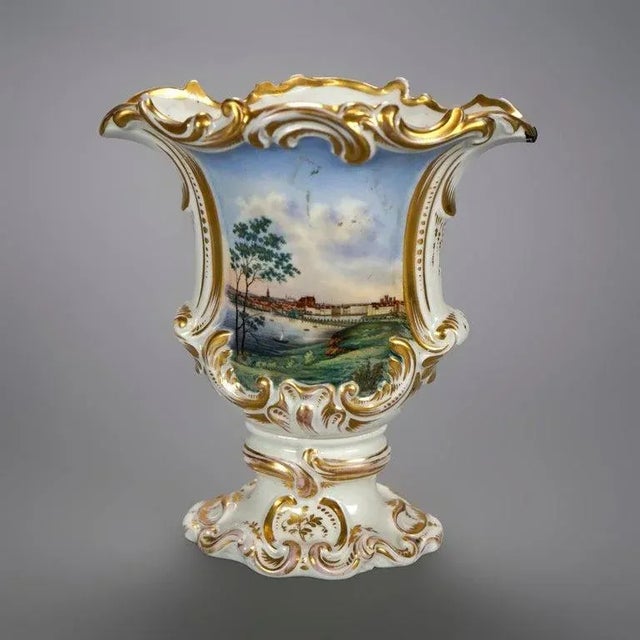 Art Deco Pair Antique German Porcelain Hand Painted & Gilt Scenic Vases 19th Century For Sale - Image 3 of 12