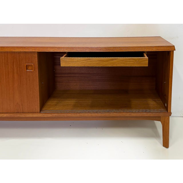 Vintage Danish Modern Teak Credenza Cabinet, Sliding Doors With Inset Pulls For Sale In Miami - Image 6 of 7