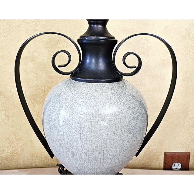 Ashley Gavivi Style Crackle-Glaze Ceramic Urn & Bronze Scroll Table Lamp For Sale - Image 10 of 18