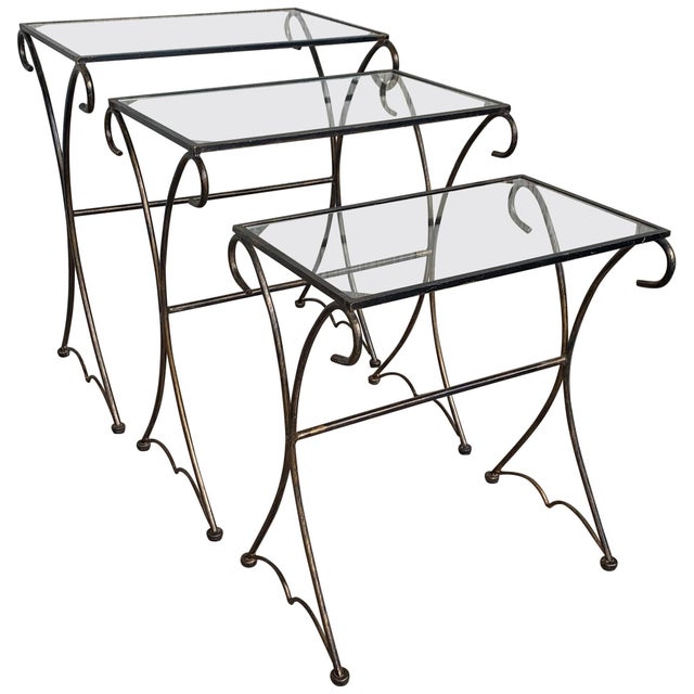 Mid 20th Century Midcentury Scrolling Iron Patio Nesting Side Tables with Glass Tops, Set of 3 For Sale - Image 15 of 18