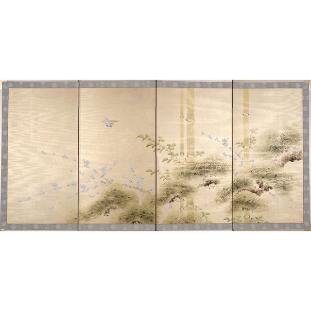 1950s Folding Screen Excellent Front Panels and Very Good + Back Panels Japanese Byobu "Bird in a Bamboo Forest" Hand...