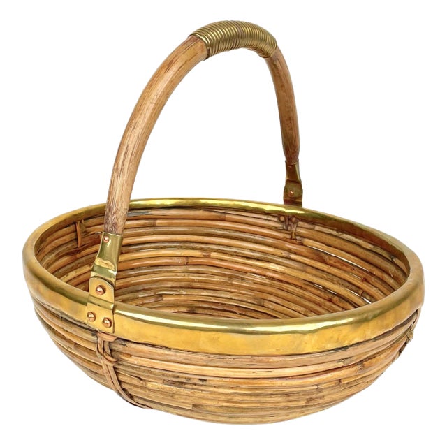 Bamboo & Brass Basket Bowl, Italy, 1970s For Sale