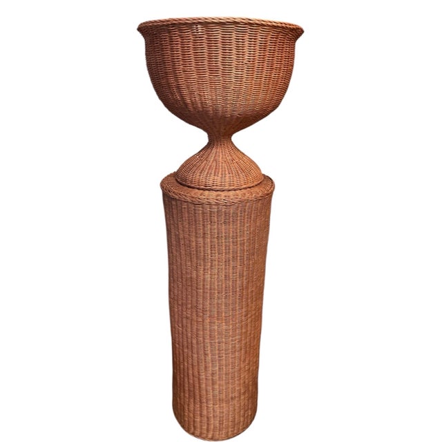 2000 - 2009 Vintage Mid-Century Woven Wicker Pedestal Urn Planter | Boho Chic Rattan Floor Stand For Sale - Image 5 of 12