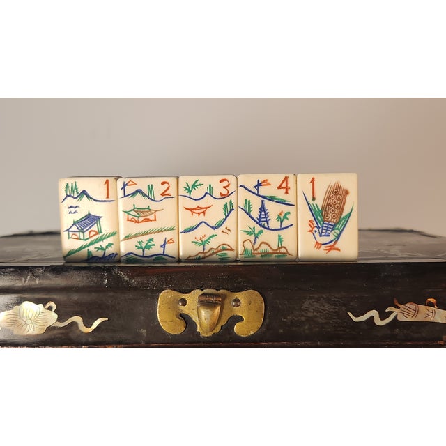 Beautiful Bamboo-and-Bone Mahjong Set in a Black Lacquer Box With Mother of Pearl For Sale - Image 15 of 17