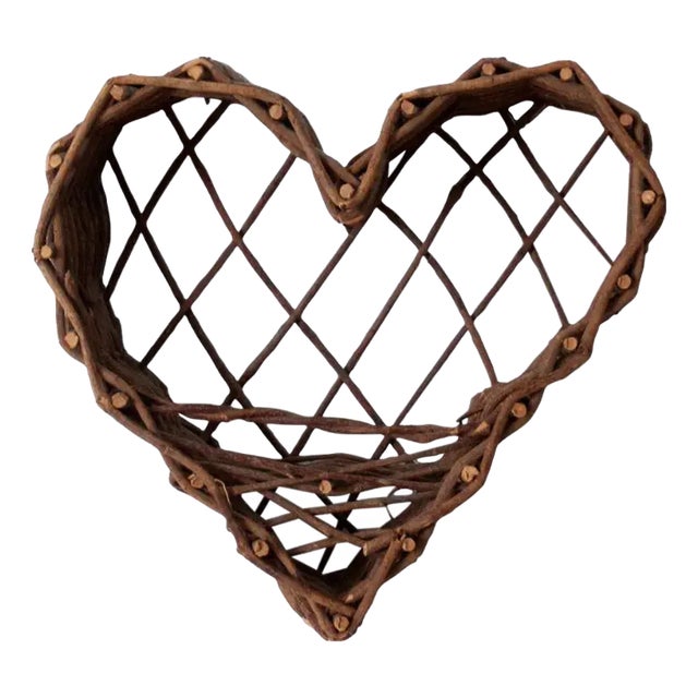Vintage Twig Heart Wall Basket For Sale