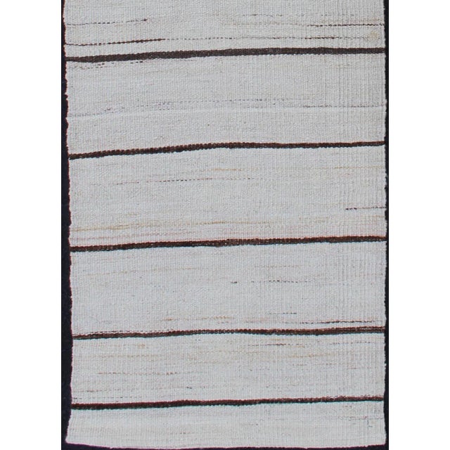 Modern Mid 20th Century Minimalist Design Vintage Turkish Kilim Runner in Off White & Brown Lines For Sale - Image 3 of 10