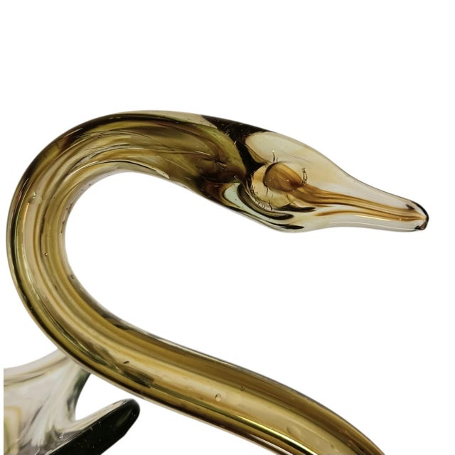 Large Art Glass Swan Vase Green Brown Swirl Handblown Mid-Century Modern Sooner Glass For Sale - Image 10 of 16