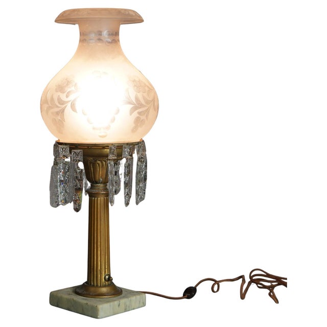 Antique Argand Sinumbra Crystal, Bronze & Brass Solar Lamp with Floral Etched Opalescent Glass Shade & Marble Base c1840...