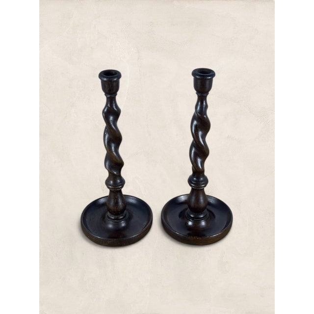 English Antique English Oak Barley Twist Large Candlesticks For Sale - Image 3 of 6