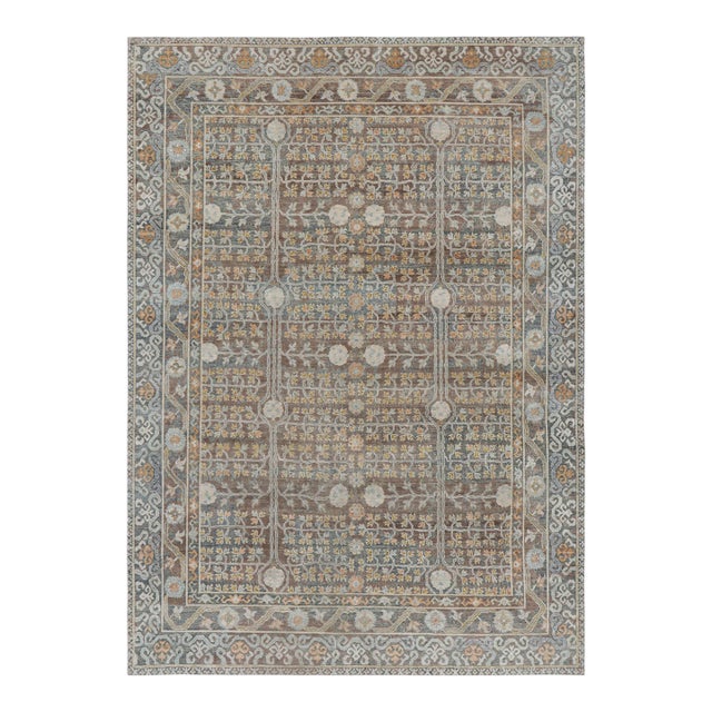 Rug & Kilim’s Modern Block Print Rug in Teal Blue with Geometric-Floral Patterns - 12x15 For Sale