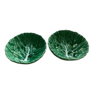 Antique Bordallo Pinheiro Majolica Green Cabbage Bowls a Pair For Sale