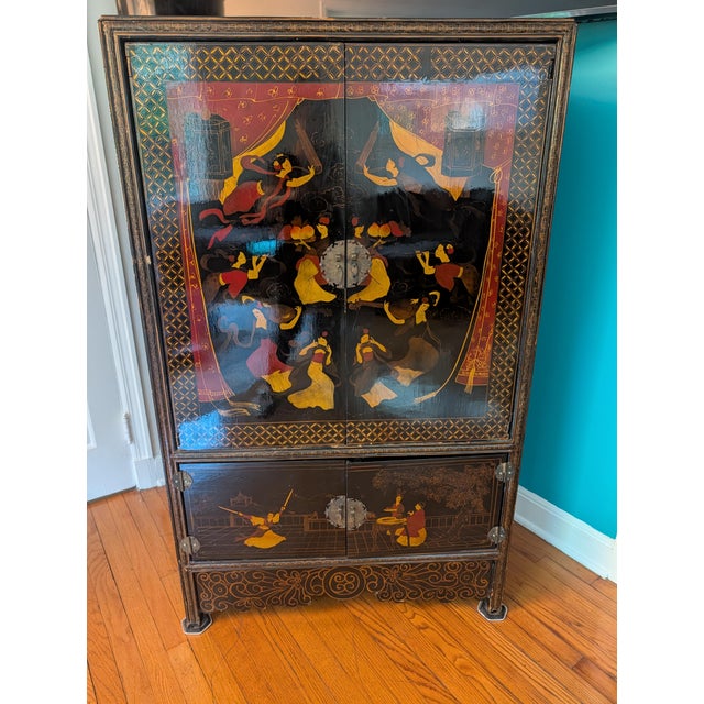 Vintage Chinese Chinoiserie Black Lacquer Armoire Cabinet For Sale - Image 11 of 14