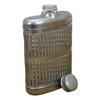 Antique Art Deco Glass & Chrome Plated Caged Hip Pocket Flask Luxury Barware For Sale
