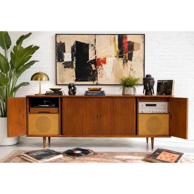 Mid-Century Modern Extra Long Mid Century Modern Tambour Door Garrard Cabinet | Walnut Credenza Sideboard, C. 1960’s For Sale - Image 3 of 13
