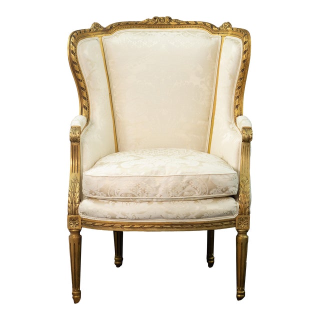 Late 19th Century New Scalamandre Silk Upholstery Louis XV-Style Carved Gilt Wingback Armchair For Sale