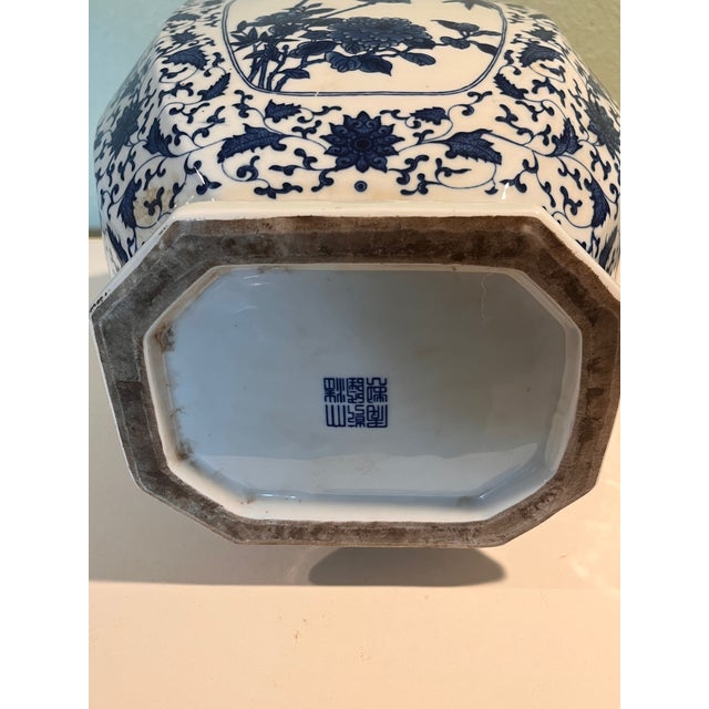 Late 20th Century Large 18" Chinese Blue & White Hexagonal Porcelain Vase Bird Floral Qianlong Mark For Sale - Image 4 of 8