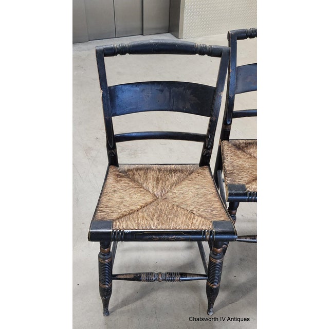 Farmhouse Set of 5 Antique 19th Century Black Stenciled L Hitchcock Country Dining Chairs For Sale - Image 3 of 17