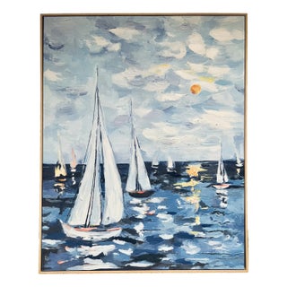 Hand Embellished Seascape Abstract Sailboats at Sea Giclee on Canvas With Floating Frame For Sale