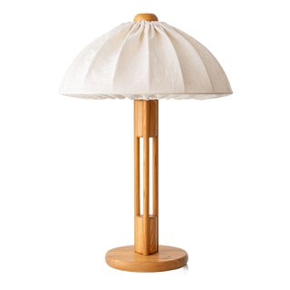 Large Scandinavian Pine Table Lamp with Fabric Dome Shade, 1960s For Sale