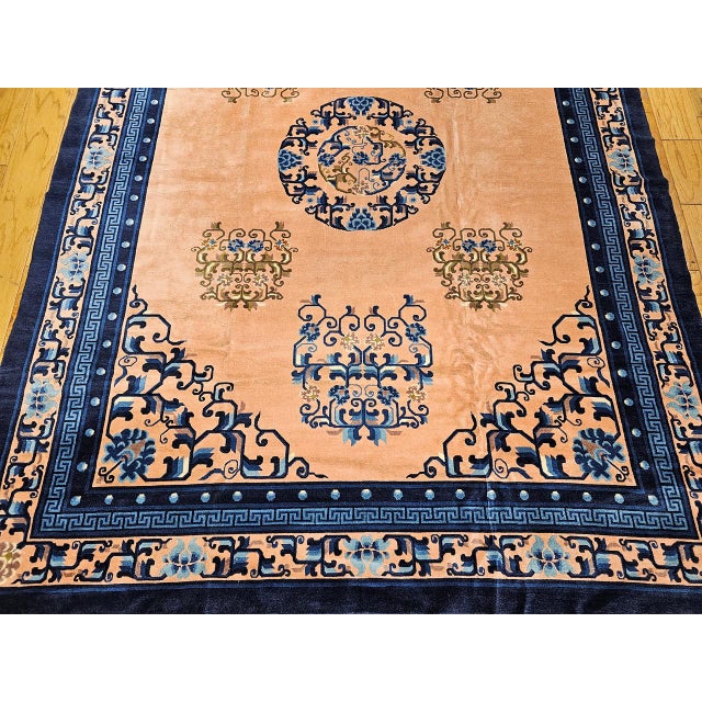 Early 20th Century Art Deco Chinese Rug, Handwoven Wool Pile, Apricot & Navy, Lotus Motif, 8' x 11' For Sale - Image 13 of 18