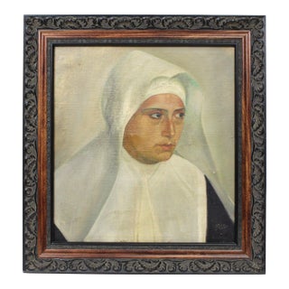 Vintage Oil Painting of Nun in Habit Peering to the Side For Sale