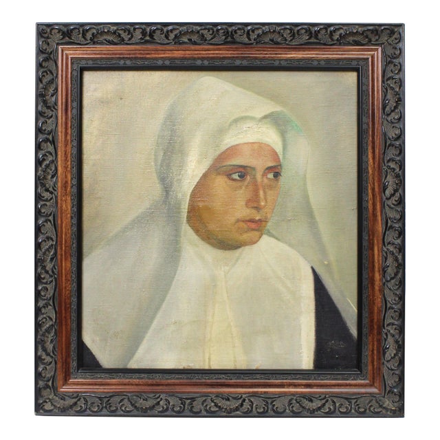 Vintage Oil Painting of Nun in Habit Peering to the Side For Sale