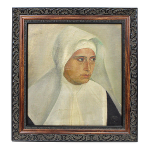 Vintage Oil Painting of Nun in Habit Peering to the Side