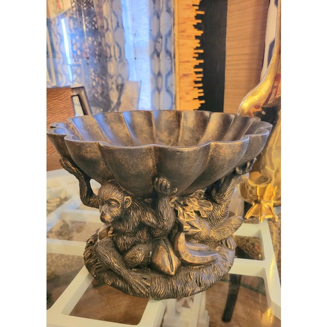Sculpture Materials Vintage Large Scalloped Monkey Regency Fruit Bowl Table Decor For Sale - Image 7 of 8
