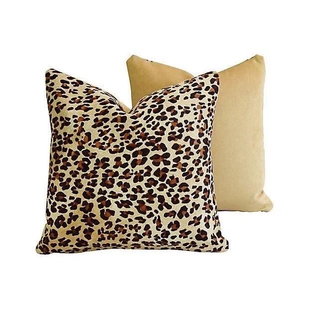 Textile Custom Leopard Spot Cowhide & Velvet Feather/Down Pillows 18" Square- Pair For Sale - Image 7 of 10