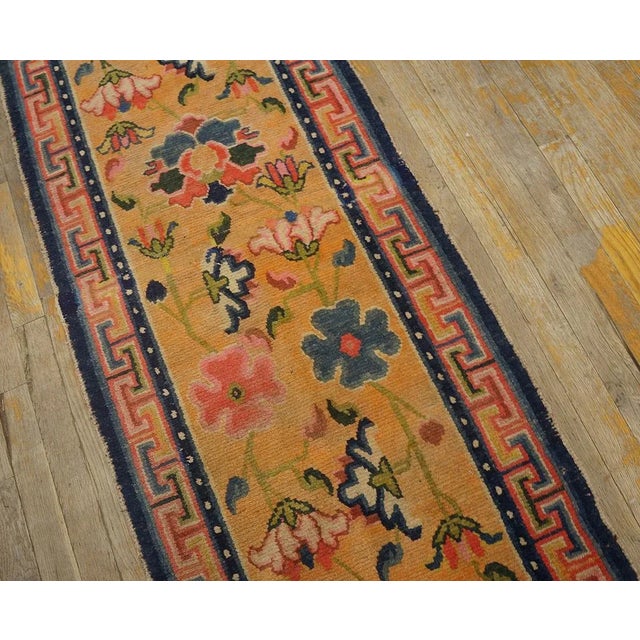 1940s 1920s Orange Amber Floral Antique Chinese Tibetan Rug 2'1" X 8'4" Wool Knotted Carpet Runner For Sale - Image 5 of 11