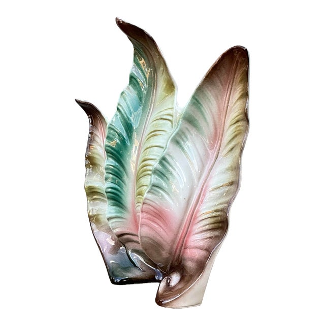 Vintage 1950s Glazed Ceramic Leaf Light For Sale