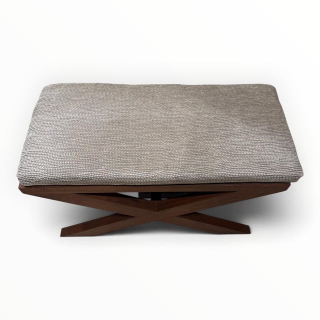 2010s Upholstered Custom Teak X-Form Bench For Sale - Image 5 of 5